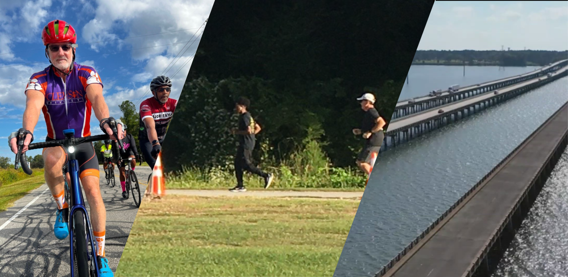 Cyclists, runners, and bridge over water.